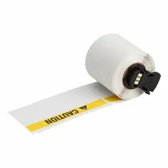 Vinyl caution label roll with acrylic adhesive, sized 1 29/32 in x 4 in and 4 in x 1 29/32 in, in black/white/yellow. Compatible with BMP71 printer using Media Adapter. Used for industrial safety marking and hazard identification on equipment, pipes, and panels.