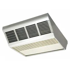 Fan-forced ceiling heater with selectable wattage outputs of 2500W, 3800W, or 5000W. Operates on 277V AC, 1-phase power. White finish. Measures 10-1/2 in x 16-7/16 in x 5-3/4 in. Thermostat not included. Suitable for surface mounting in commercial or industrial spaces requiring supplemental or primary heating.