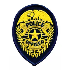This sew-on embroidered badge measures 2 3/4 in x 3 3/4 in and features a Gold/Navy design on a plastic base. It is intended for attachment to uniforms, vests, or bags for identification purposes in security or law enforcement contexts.