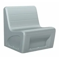 This armless lounge chair features a gray polyethylene seat and a floor mount design. It accommodates one person and complies with CAL 133 fire-resistance standards. Suitable for use in commercial waiting areas, lobbies, and break rooms.