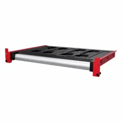 Steel, black rack drawer with one shelf. Measures 27 inches wide by 21 inches deep by 2 3/4 inches high. Part of the PACKOUT modular workshop racking system for organizing tools and small parts in job sites, garages, or warehouses.