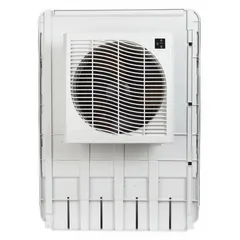 Window evaporative cooler with 1/2 hp motor and 2-gallon water capacity. Features 3 fan speeds and operates on a 5-15P plug. Suitable for cooling spaces such as workshops, warehouses, and large rooms in dry climates.