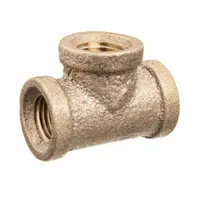Threaded low-pressure pipe tee for potable water systems. Features a 1/8 in x 1/8 in x 1/8 in configuration, Class 125 rating, and C89833 brass construction. Length of 35/64 in, maximum operating pressure 200 psi @ 72 °F. Used to branch water lines in plumbing applications