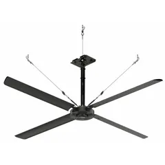 Industrial HVLS ceiling fan from the ECO series with a 10 ft blade diameter, delivering high-volume, low-speed air movement for large spaces. Operates on 480V AC three-phase power at 3 A, with variable speed control. No light kit included. Suitable for warehouses, factories, and distribution centers.