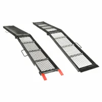 These center-folding steel ramps are designed for loading cars onto trailers or into service bays. Each pair provides a stable, portable incline with an 80-inch overall length and 0.8-ton load capacity. The folding design allows for compact storage and transport