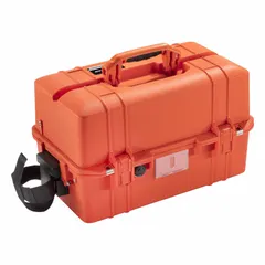 This lightweight suitcase-style case is constructed from plastic and weighs 13.3 lb. It features press and pull latches for secure closure. The orange color aids visibility in work environments. Suitable for transporting and storing tools, instruments, or electronics that require protection during transit or stationary use.