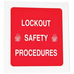 Red/white lockout tagout binder for organizing lockout/tagout procedures and documents in industrial facilities. Overall height 20 in, width 14 in, depth 4-1/2 in. Includes hardware for mounting or organizing contents.