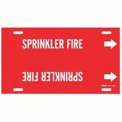 Red strap-on pipe marker with white legend reading 'Sprinkler Fire' and directional arrows. Fits pipe outer diameters of 10 to 15 inches. Used to identify sprinkler fire piping in industrial facilities.