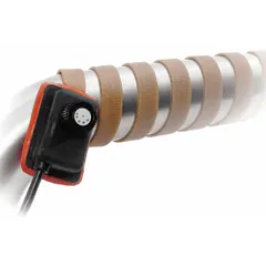 Silicone rubber heating tape for freeze protection and process temperature maintenance on glass and metal surfaces. Reusable, ungrounded, with built-in controller. Overall length 10 ft, width 3 in, thickness 1/8 in. Maximum operating temperature 218°C.