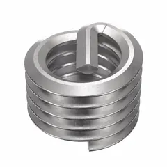 Free-running helical insert with tang drive, made from 18-8 stainless steel with dry film lubricant. Tensile strength 200,000 to 250,000 psi, 8.3 mm length. Used to repair or reinforce tapped holes in metal components, providing a wear-resistant stainless steel thread.