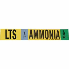 Ammonia adhesive pipe marker for VAP phase, low pressure level. Fits pipe O.D. of 8 inches and larger. Includes 1 marker without arrows. IIAR system abbreviation LTS. Used to identify low temperature suction lines in industrial refrigeration piping systems.