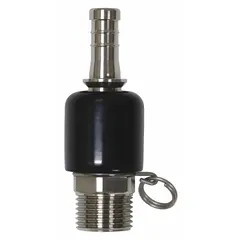 This stainless steel hose adapter connects a faucet sprayer hose to a water supply line via a barb inlet. It includes a trigger lock ring for securing the sprayer handle during continuous flow. The 4-inch overall length and stainless finish suit commercial kitchen, janitorial, and food-service wash station applications.