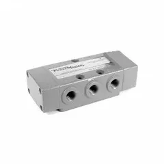 This four-way, pilot return valve from the PowerMaster Series uses a pilot signal to shift and returns via spring force. It is designed for use in industrial pneumatic systems to control airflow direction for actuating cylinders and other actuators.