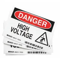 Polyester adhesive sign with nominal size 3 1/2 in x 5 in and 0.01 in thickness. Not retroreflective, not glow-in-the-dark, no anti-slip surface. Supplied as a 5-pack for mounting on equipment, panels, or walls to warn of electrical hazards