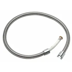 This ZURN pre-rinse hose is constructed from stainless steel with a chrome finish. It has an overall length of 66 inches and a 1/2-inch sprayer connection size. The hose is used in commercial kitchens to connect a pre-rinse spray valve to a faucet supply line for rinsing dishes and cookware.