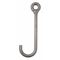 Low-profile j-hook designed for lifting applications in rigging and material handling. Constructed from alloy steel with a hook grade of 80 and 3/4 in material thickness. Finished in silver with no visual indicator markings. Suitable for general industrial lifting tasks.