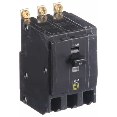 SQUARE D Miniature Circuit Breaker: 50 A, 120/240V AC, Three Phase, 22kA at 120/240V AC - QOB Series, Bolt-On Square D Miniature Circuit Breakers