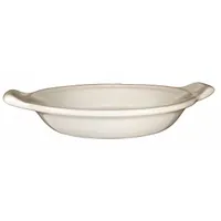 Vitrified stoneware dish in American White, measuring 7 3/4 in length, 6 1/2 in width, and 1 1/4 in depth. Suitable for baking and serving individual egg dishes, casseroles, or au gratin recipes