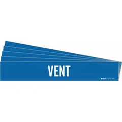 Blue adhesive pipe marker with white 'Vent' legend for identifying vent piping systems. Fits pipe outer diameters from 2-1/2 to 7-7/8 inches. Pack of 5 markers without directional arrows. Suitable for use in industrial facilities to clearly label vent lines.