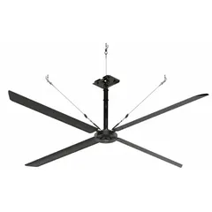 Industrial HVLS ceiling fan from the ECO series with a 14 ft blade diameter, delivering 86,673 cfm airflow. Operates on 480V AC three-phase power at 3 A, with variable speed control. Suitable for large spaces such as warehouses, distribution centers, and manufacturing plants to improve air circulation and worker comfort.