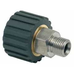 This MOSMATIC rotary union is a single-passage rotating joint made from nickel-plated C38500 brass. It features an M22x1.5 stationary port and is rated for a maximum speed of 30 RPM. Used to transfer fluid or air from a stationary supply line into rotating machinery, it is suited for low-speed rotary applications in packaging, printing, and light industrial equipment.