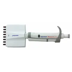 Manual adjustable volume multichannel pipettor with 8 channels. Maximum capacity 10 µL, volume increments 0.01 µL. Autoclavable, gray color. Suitable for liquid handling in laboratory applications such as sample preparation, serial dilutions, and plate filling.