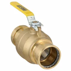 Two-piece brass ball valve with straight pattern and press x press connections. PTFE seal and locking lever handle for positive shut-off. Suitable for water, oil, and gas flow control in industrial piping systems.