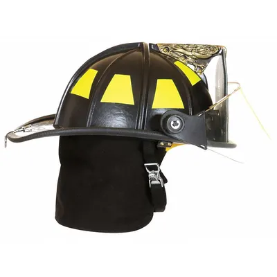 FIRE-DEX Fire Helmet: Black, Fiberglass, Traditional Rear Brim, Chin Strap