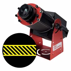 This 300 W LED safety walkway projector includes a lens and image template and a power supply. It projects a yellow hashed path with a yellow border in yellow laser color. Typical applications include marking pedestrian walkways, hazard zones, or egress routes in industrial facilities such as warehouses, factories, and logistics centers.