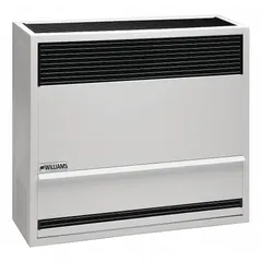 This vented propane wall heater uses gravity convection to circulate warm air without a fan, providing quiet supplemental or primary heat. It features a Matchless Piezo ignition with a manual push-button start. Overall dimensions: 28 in H x 32-1/8 in W x 10-1/4 in D. Suitable for surface-mount installation in residential or light-commercial spaces.