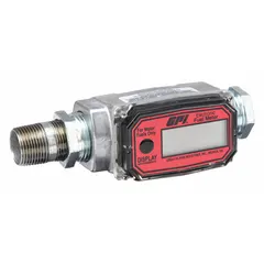 This GPI inline turbine totalizer is designed for measuring fuel flow in dispensing, transfer, and monitoring systems. It features a 1 in FNPT connection, nylon rotor, digital display, and 4-20 mA output with +/-2.5% accuracy. Measurement is in liters, with an operating temperature range of 14°F to 130°F.