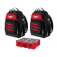 This tool backpack is constructed from ballistic nylon in red. It measures 18 inches wide, 9 7/16 inches deep, and 20 3/8 inches high. Includes an attachment strap for dolly. Suitable for transporting and organizing tools on job sites.