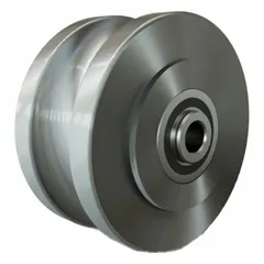 U-groove wheel with 4 in diameter and 2 in width, designed for guided movement along track or rail systems. Features a 1/2 in axle bore and supports up to 1,400 lb load capacity. Suitable for material handling, conveyor tracks, and industrial machinery requiring precise tracking.