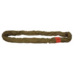 Endless round sling for lifting and rigging heavy loads in industrial settings. Type 5 construction with polyester and nylon provides flexibility and strength for handling uneven or delicate loads. 13 ft sling length, 2 3/4 in body diameter.