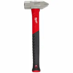 This cross-peen hammer features a 2 1/2 lb head with a 1 5/8 in face diameter and a 15 in overall length. The textured grip fiberglass handle provides a secure hold. It is used for shaping metal, striking chisels, and general forging tasks in metalworking and fabrication.