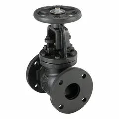 This cast iron globe valve features a straight Z-body and rising stem for general-service flow regulation. Designed for 2 1/2-inch pipe size, it is suited for use with gas, oil, steam, and water media in industrial piping systems.