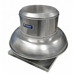 Unassembled belt-drive downblast exhauster with a 13 1/2 in wheel, designed for roof and wall mounting in high-static pressure applications. Square base; motor and drive components not included. Suitable for moving clean air in commercial or industrial ventilation systems.