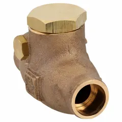 This bronze inline swing check valve features a swing disc that permits forward flow and automatically closes to prevent backflow. Designed with sweat x sweat connections for 1/2 in pipe, it is suitable for horizontal or vertical installation in plumbing and heating systems.