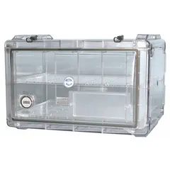 Rectangular non-vacuum desiccator with 1.9 cu ft capacity, made of polyester. Includes a lid for sealing. Overall width 20 3/8 inches. Used for storing moisture-sensitive materials in laboratory or industrial environments.