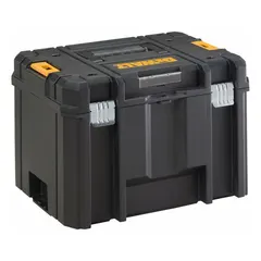 This black plastic tool box measures 17 1/4 in W x 11 7/8 in H x 13 in D and features a latch. It is padlock compatible for secure storage. Suitable for organizing and transporting tools and accessories in workshop, construction, and maintenance settings.