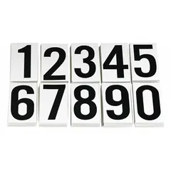 Permanent character set for indoor/outdoor use. Includes 500 pieces covering digits 0 to 9. Black non-reflective characters on a white background. Not self-spacing or aligning. Suitable for labeling equipment, bins, panels, and other industrial identification tasks.
