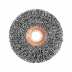 This crimped steel wire wheel brush is designed for light cleaning and surface preparation on carbon steel. It removes rust, scale, and light burrs without damaging the base material. The brush measures 2 1/2" in diameter and 1/2" in width, fitting a 1/2" to 3/8" arbor. Suitable for maintenance, fabrication, and metalworking applications.