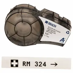 Combined label and ribbon cartridge, 1/2 in width, 21 ft length, autoclavable polyester, black on clear. Designed for 1.5 mL vial/tube sizes. Compatible with M211 printer series. Used for labeling laboratory vials and tubes that require sterilization.
