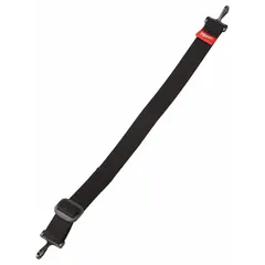 Polyester chin strap in black for securing hard hats. Features two attachment points. Suitable for use in construction, manufacturing, and maintenance environments where head protection is required.
