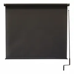 This right-side sun shade from the Regal Series features a pole-and-crank operation mechanism and a bungee-and-hook tie-down system. The fabric is dark brown, 8 ft in height, and provides 90% UV protection. Suitable for outdoor areas requiring adjustable shade, such as patios, loading docks, or worksites.