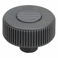 Knurled knob with threaded hole, 50 mm diameter, M10 thread, 14 mm thread length. Plastic body with stainless steel thread insert, gray color. Used for manual adjustment, clamping, or positioning of machinery components