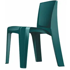 Freestanding single-seat stacking chair with a teal polyethylene seat and no arms. Complies with CAL 133 and ANSI/BIFMA X5.1-2011 standards. Suitable for commercial and institutional settings such as conference rooms, training facilities, and cafeterias.