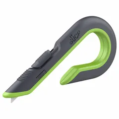 This J-hook automatic retracting utility knife features a textured plastic handle in gray/green with a quick-change mechanism. The ceramic rounded tip blade is suited for cutting cardboard, shrink wrap, and packaging materials. Overall width is 3 1/4 inches.
