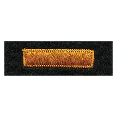 Sew-on rank insignia measuring 1 in x 1/4 in, featuring a gold bar on a black plastic base with felt backing. Used for displaying military or organizational rank on uniforms, caps, or equipment.