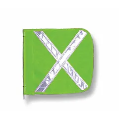 Green warning whip replacement flag with a white reflective X pattern. Measures 11 inches in height and 12 inches in width. Designed for use on whip assemblies to mark slow-moving vehicles, equipment, or hazards in industrial yards, construction sites, and warehouses, enhancing visibility in low-light conditions.